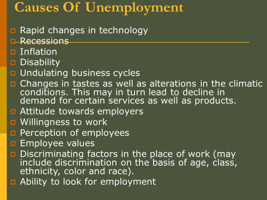 Causes Of Unemployment Rapid changes in technology Recessions Inflation Disability Undulating business cycles Changes